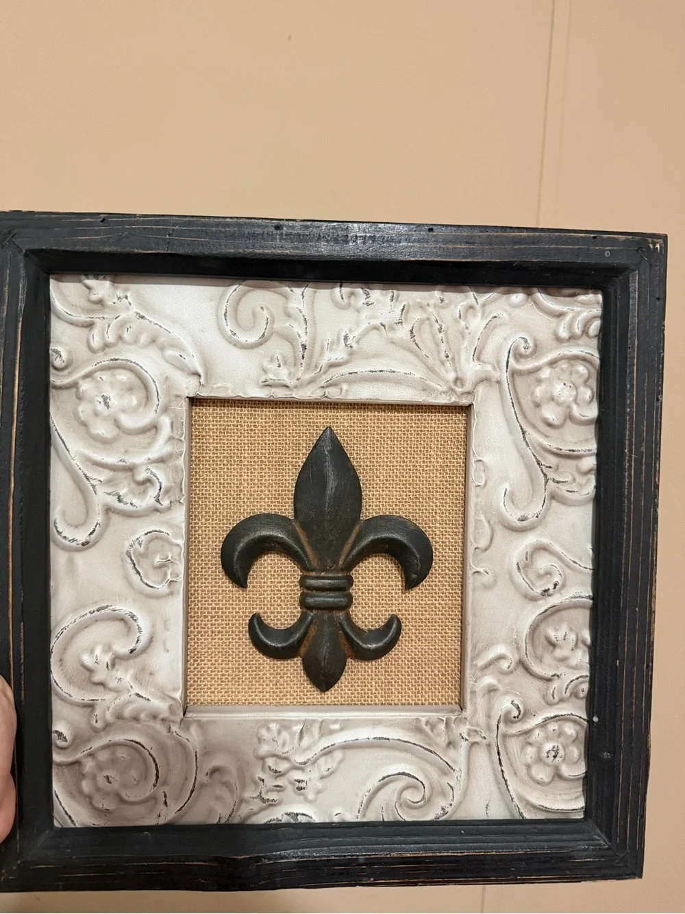 Black Fleur-de-Lis Wall Accent with Distressed White Frame